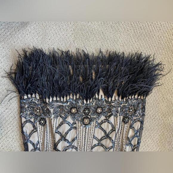 SUE WONG Black & nude beaded, sequin ostrich feather dress - Picture 4 of 9